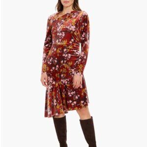 NEW London Times Floral Long Sleeve Ruched Asymmetric Velour Dress in Red Multi